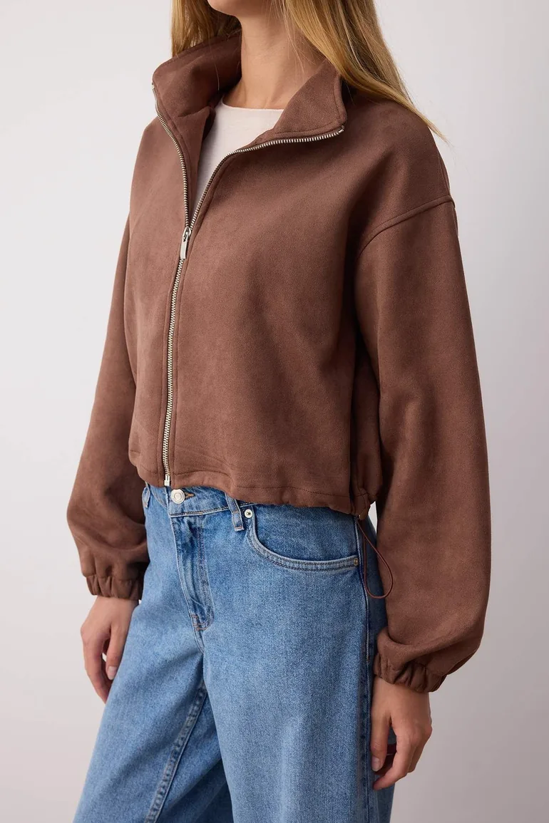 Dark Brown Plain Zippered Unlined Regular/Normal Pattern Knitted Suede Jacket - 2