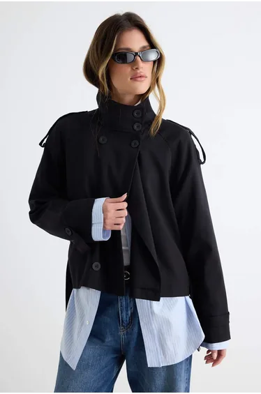 Wardrobe Essentials Black Regular Fit Stand Collar Belted Double Breasted Gabardine Short Trench Coat