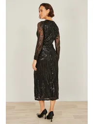 Yumi Black Sequin Midi Wrap Dress With Split Hemline And Long Sleeves - 3