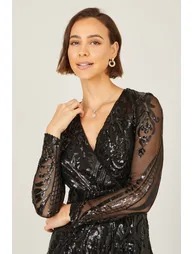 Yumi Black Sequin Midi Wrap Dress With Split Hemline And Long Sleeves - 2