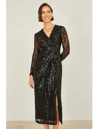 Yumi Black Sequin Midi Wrap Dress With Split Hemline And Long Sleeves - 6