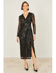 Yumi Black Sequin Midi Wrap Dress With Split Hemline And Long Sleeves - 8