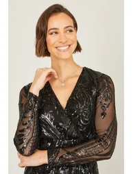 Yumi Black Sequin Midi Wrap Dress With Split Hemline And Long Sleeves - 4