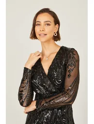 Yumi Black Sequin Midi Wrap Dress With Split Hemline And Long Sleeves - 7