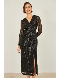 Yumi Black Sequin Midi Wrap Dress With Split Hemline And Long Sleeves - 1