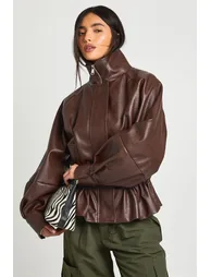 Pebbled Faux Leather Cinched Waist Funnel Neck Jacket - chocolate - 1