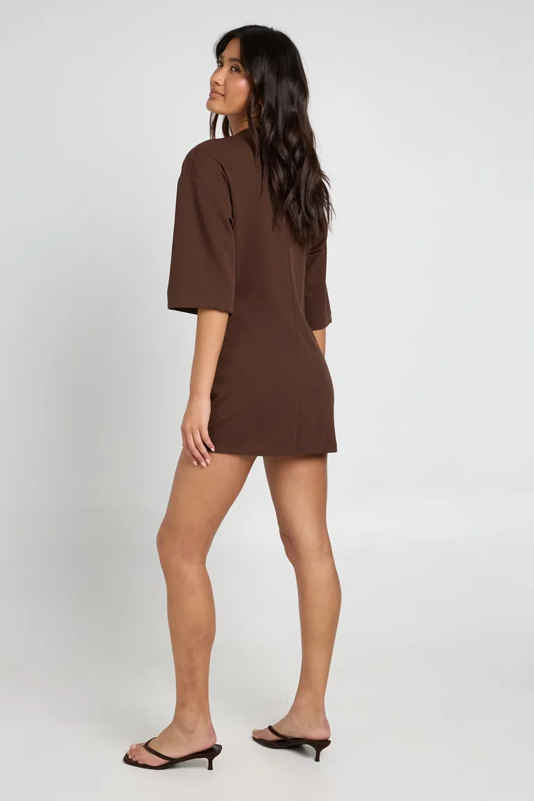 Gold Trim Knot Front Woven Shift Dress - chocolate - 3