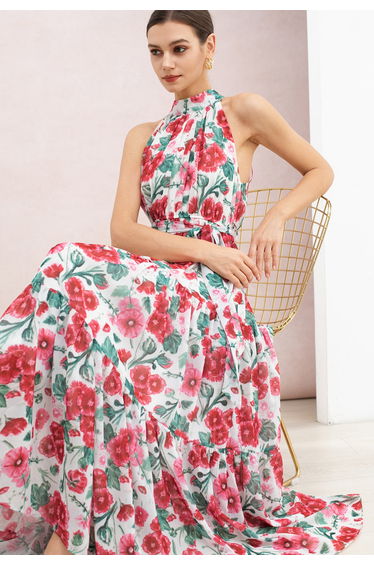 Red Watercolor Floral Tie-Bow Halter Chiffon Maxi Dress for Bridal Shower & Dinner Parties product thumbnail 2