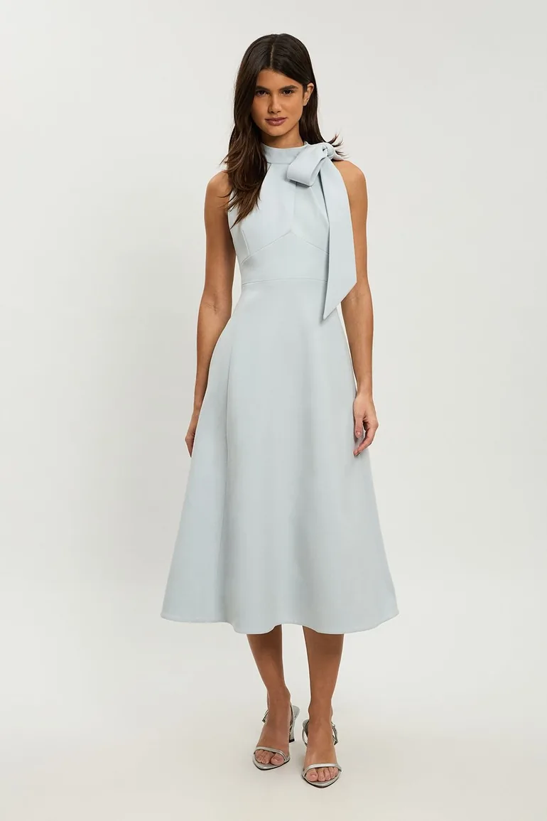 Petite Compact Stretch Bow Tie Neck Full Skirted Midi Dress