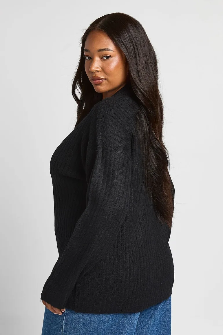 Plus Rib Knit Boyfriend Cardigan - black - 2