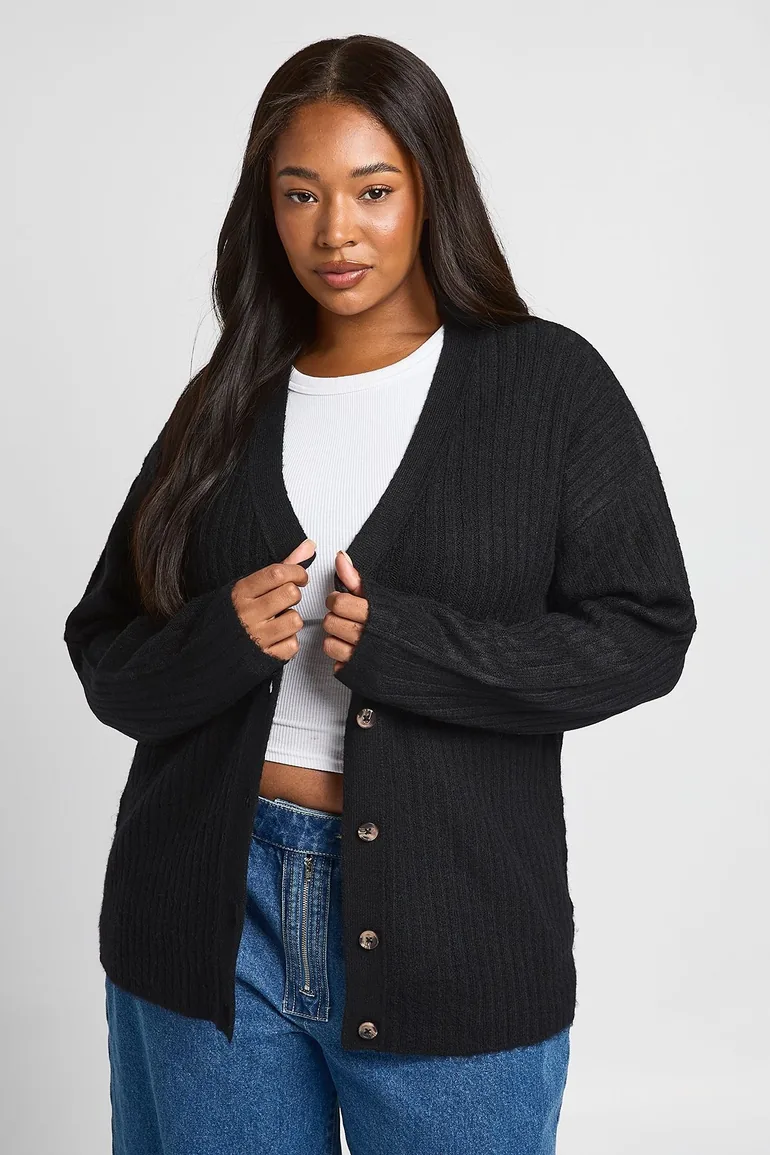 Plus Rib Knit Boyfriend Cardigan - black - 1