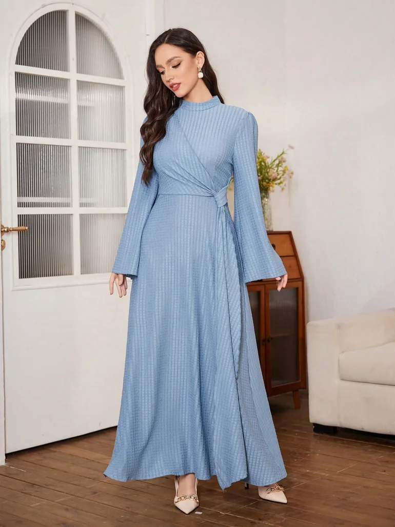 Blue Texture High Neck Bell Sleeve Maxi Dress - 5