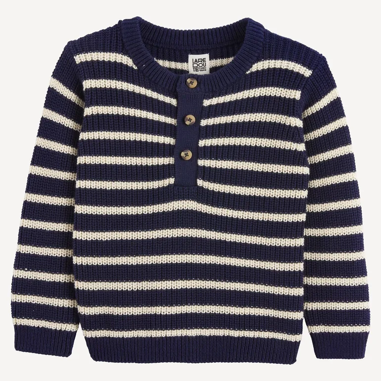 Striped Chunky Knit Buttoned Grandad Collar Jumper/Sweater