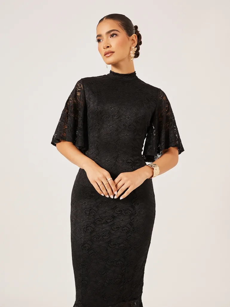Flutter Sleeve Fitted Lace Midi Dress - 2