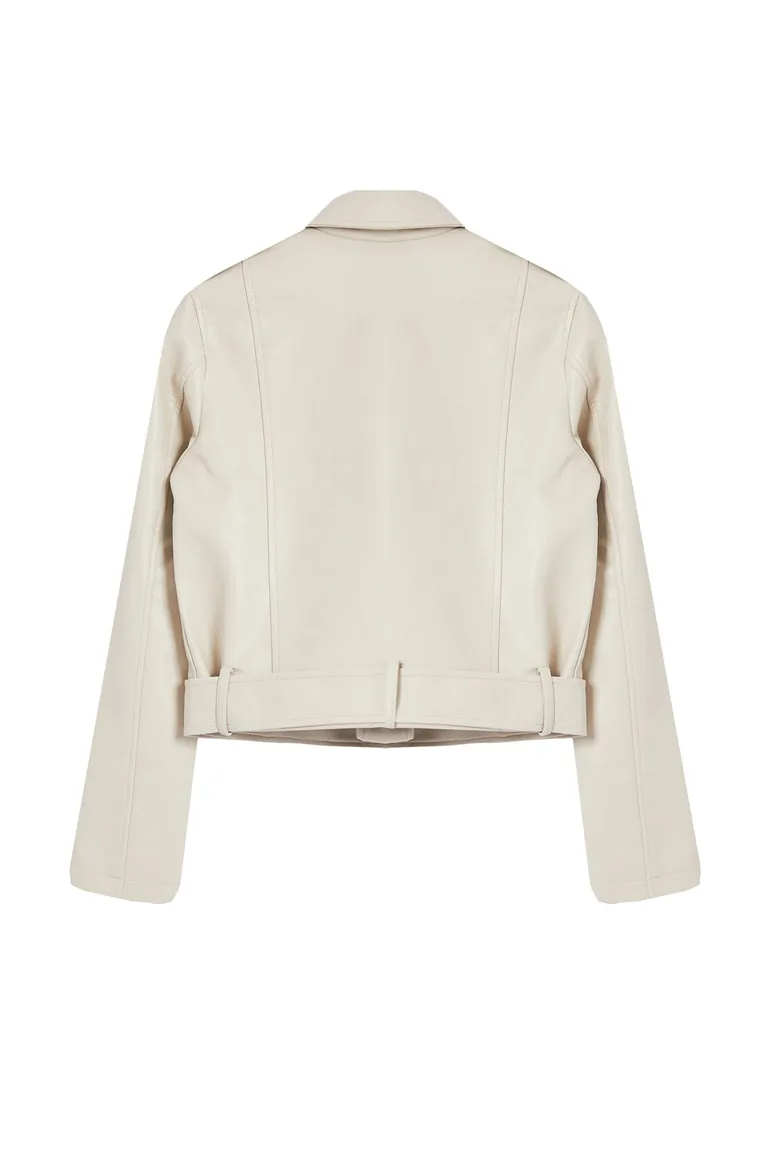 Ecru Regular Faux Leather Birker Jacket Coat - 6