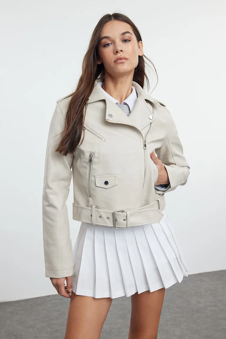 Ecru Regular Faux Leather Birker Jacket Coat - 2