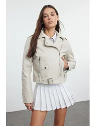 Ecru Regular Faux Leather Birker Jacket Coat - 2