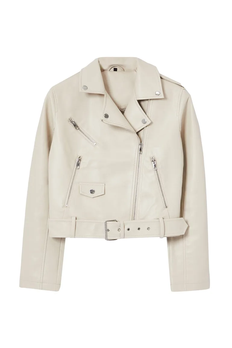 Ecru Regular Faux Leather Birker Jacket Coat - 4