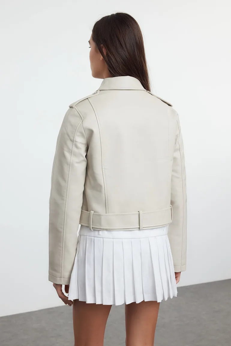 Ecru Regular Faux Leather Birker Jacket Coat - 5