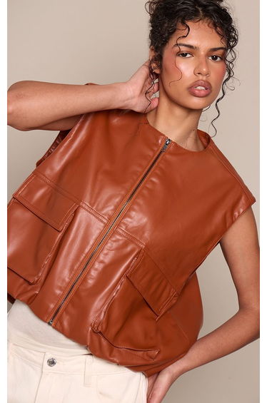Caramel Pocket Detail Faux Leather Gilet product thumbnail 2