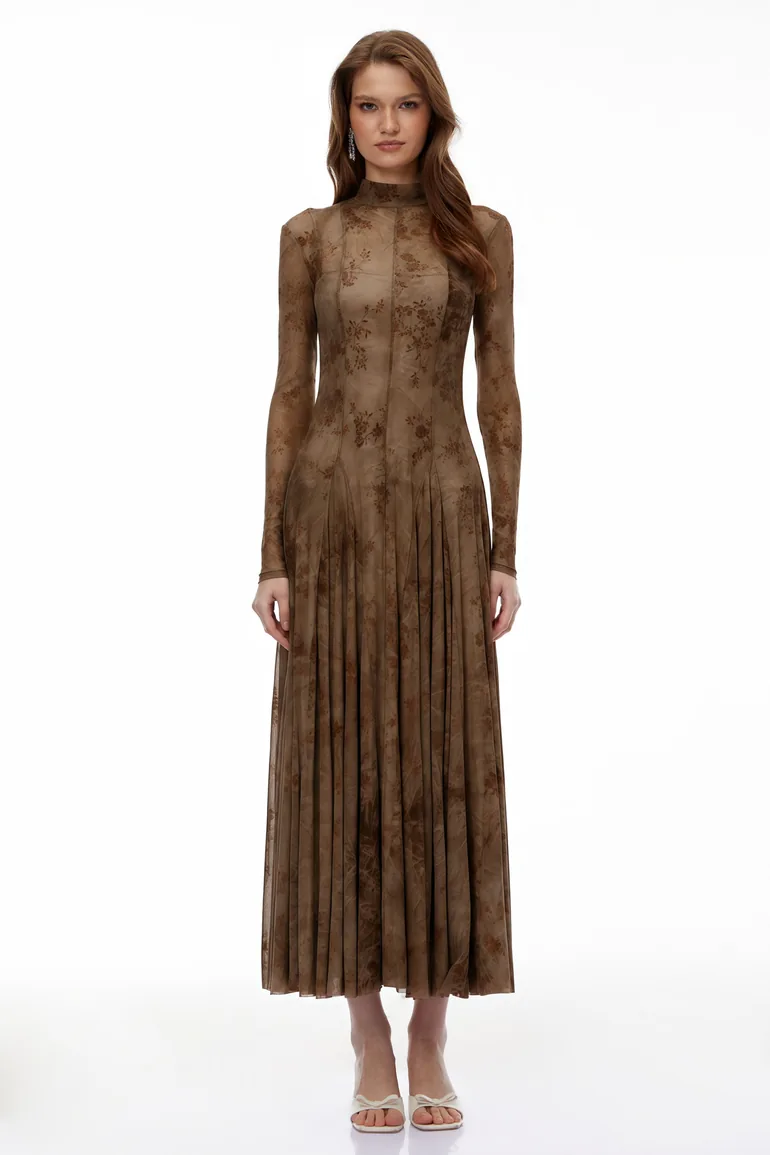 Ariadne Brown Flocked Tulle Maxi Dress - 3