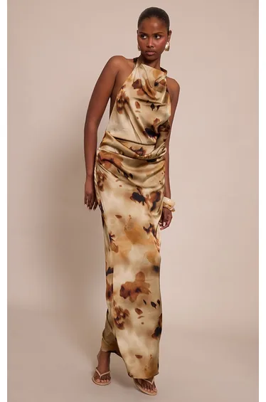 Green Abstract Print Satin Ombre Print Cowl Neck Maxi Dress