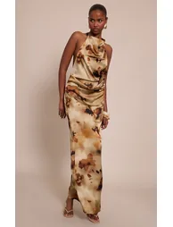 Green Abstract Print Satin Ombre Print Cowl Neck Maxi Dress