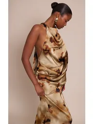 Green Abstract Print Satin Ombre Print Cowl Neck Maxi Dress - 3