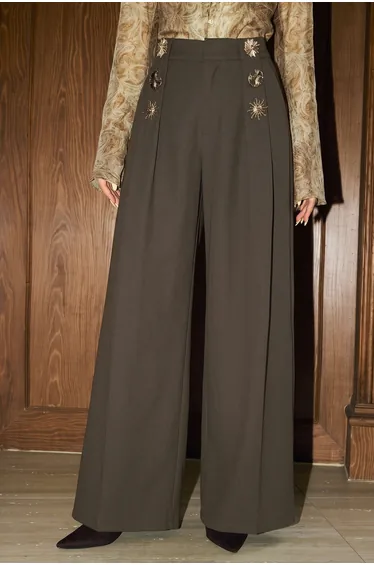 Metallic Button Wide Leg Pants