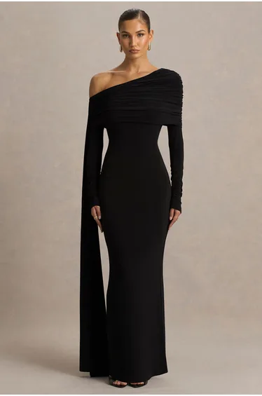Octavia | Black Bardot-Neck Maxi Dress With Cape And Ruched Detailing