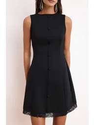 Black A-Line/A Bell Form Boat Neck Sleeveless Lace Detailed Mini Interlock Knitted Dress - 2