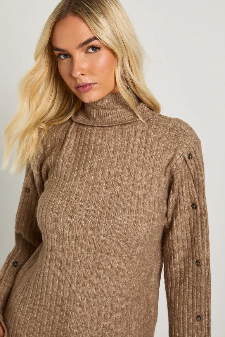 Super Soft Button Sleeve Detail High Neck Knitted Jumper - 3