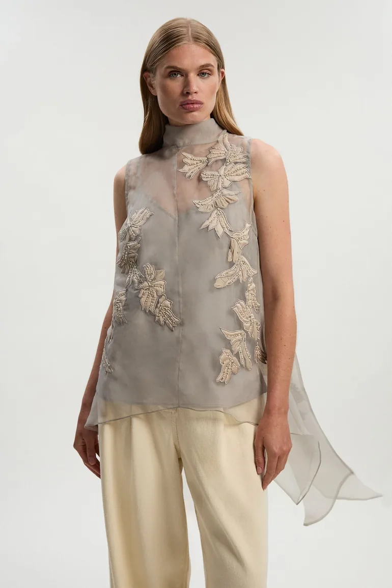 Quilted Applique Organdie Woven Drape Back Blouse