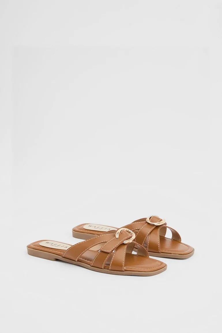 Becky Faux Leather Cross Strap Metal Detail Flat Sliders