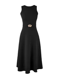 Black Belted Midi Woven Dress - 4