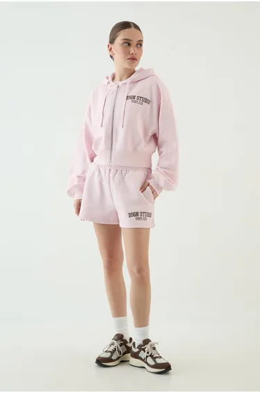 DSGN Studio Applique Boxy Crop Zip Through Hoodie - light pink