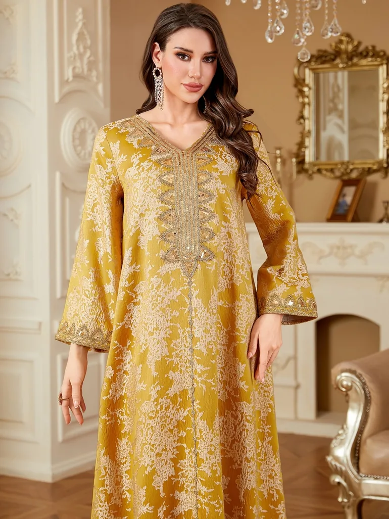 Women Texture Fabric Sequin Patch Detail Jalabiya - 2