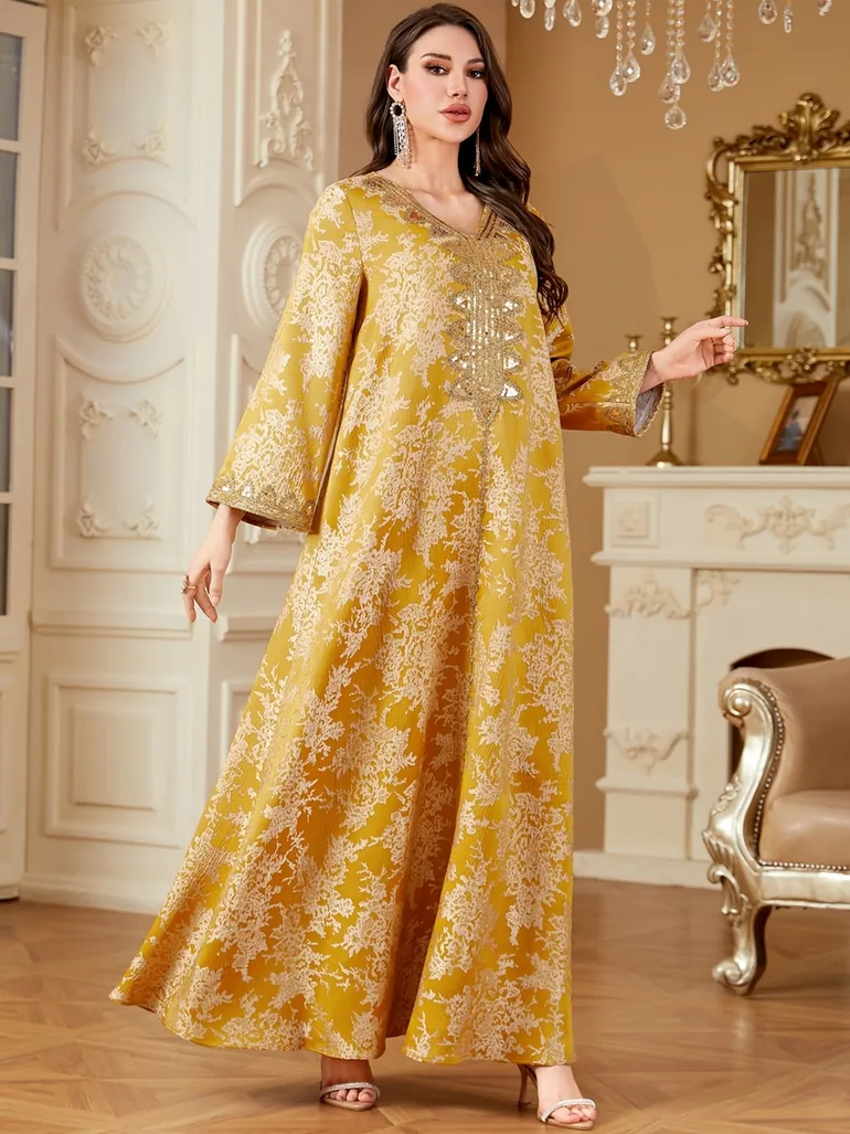 Women Texture Fabric Sequin Patch Detail Jalabiya - 4