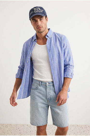 Blue Slim Fit Button Down Collar Pinstripe Shirt product thumbnail 3