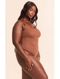 Plus Mocha Crochet Bead Trim Asymmetric Strap Swimsuit - 1