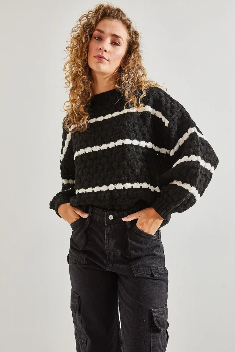 Women's Striped Balloon Sleeve Honeycomb Knitted Sweater - 4