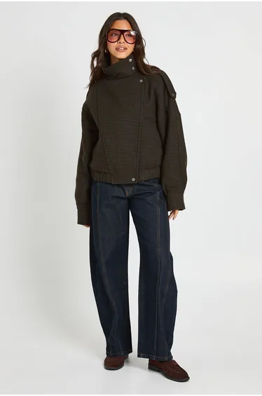 Asymmetric Wool Look Jacket - brown