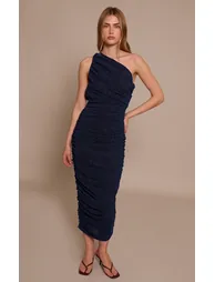 Navy Glitter Plisse Ruched One Shoulder Midi Dress