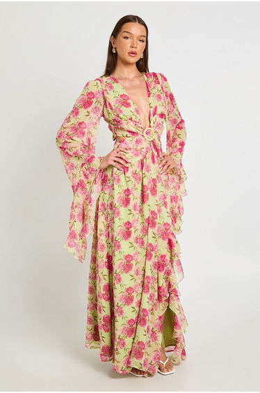 Chiffon Floral Plunge Front Floor Sweeping Maxi Dress - soft lime product thumbnail 4