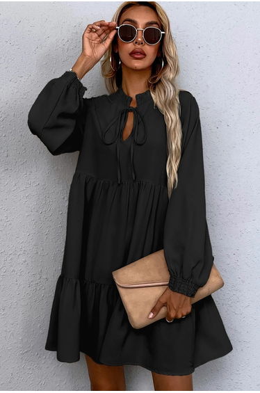 Lvness Black Tie Split Neck Smocked Detail Long Puff Sleeve Ruffle Hem Loose Dress product thumbnail 2