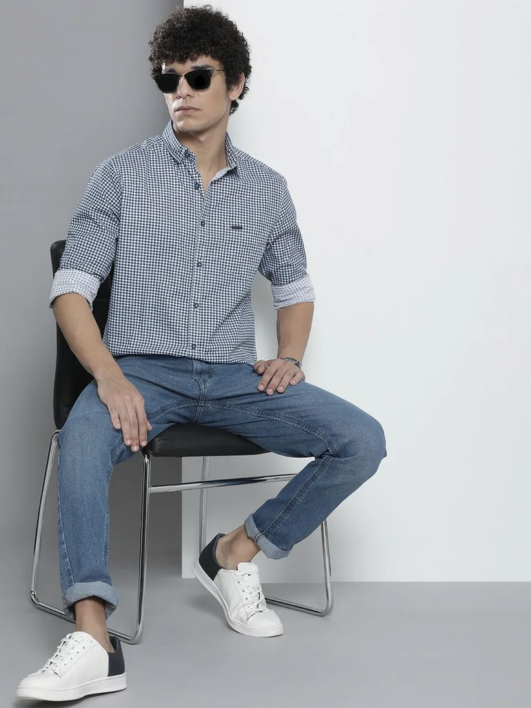 Men Navy Blue Checked Spread Collar Shirt