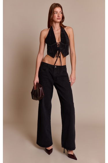 Black Faux Suede Lace Up Plunge Halterneck Top product thumbnail 3