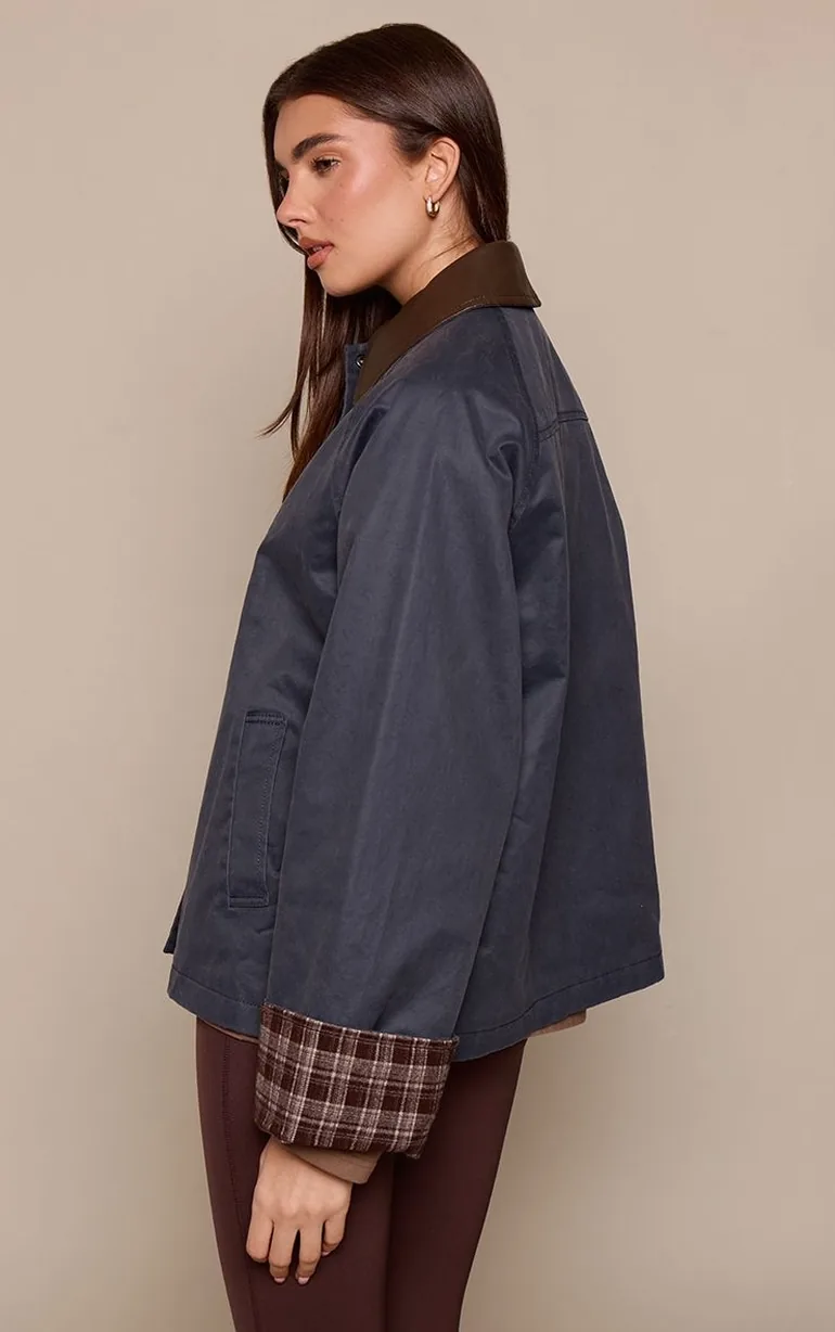 Navy Longline Contrast Collar Barn Jacket - 2