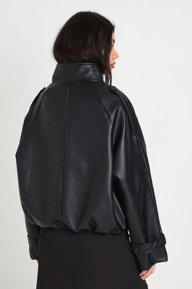 Collared Faux Leather Bomber Jacket - black - 2