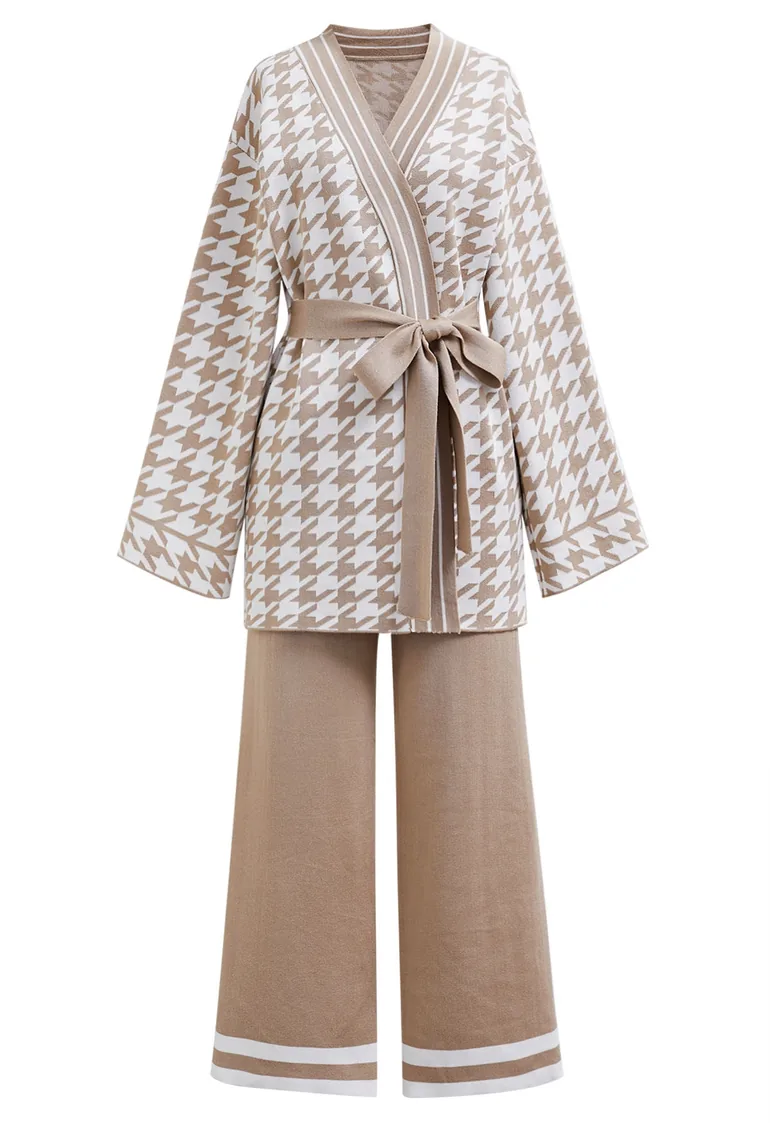 Houndstooth Self-Tie Wrap Knitted Cardigan and Pants Set in Tan - 5